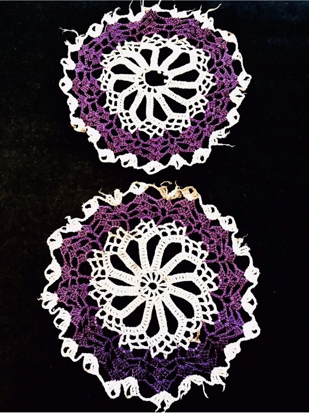 Vintage Hand Crocheted Cotton Set Of 6 Ivory & Purple Round & Rectangle Doilies